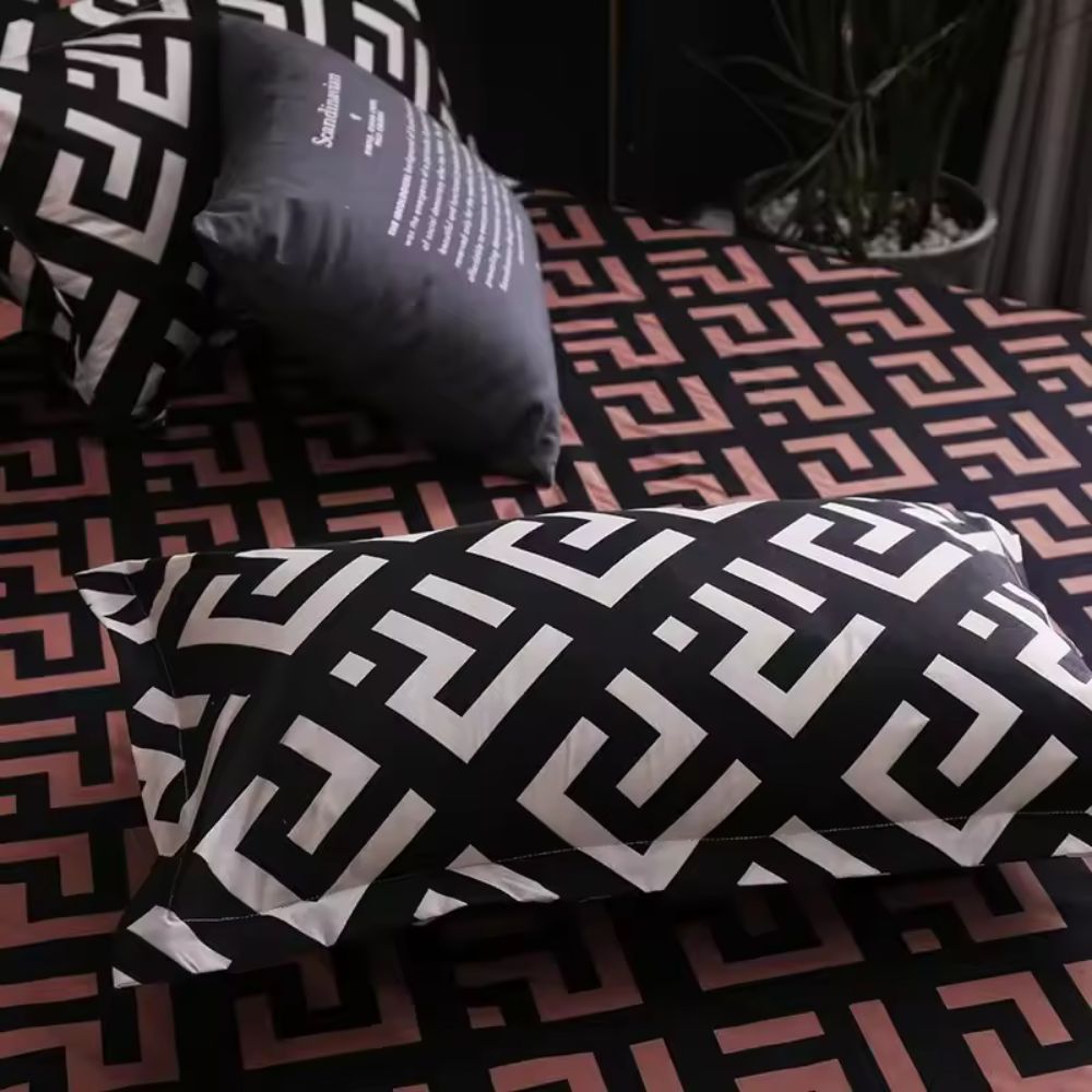 Black and White Maze Print Duvet Cover Set pillowcase detail
