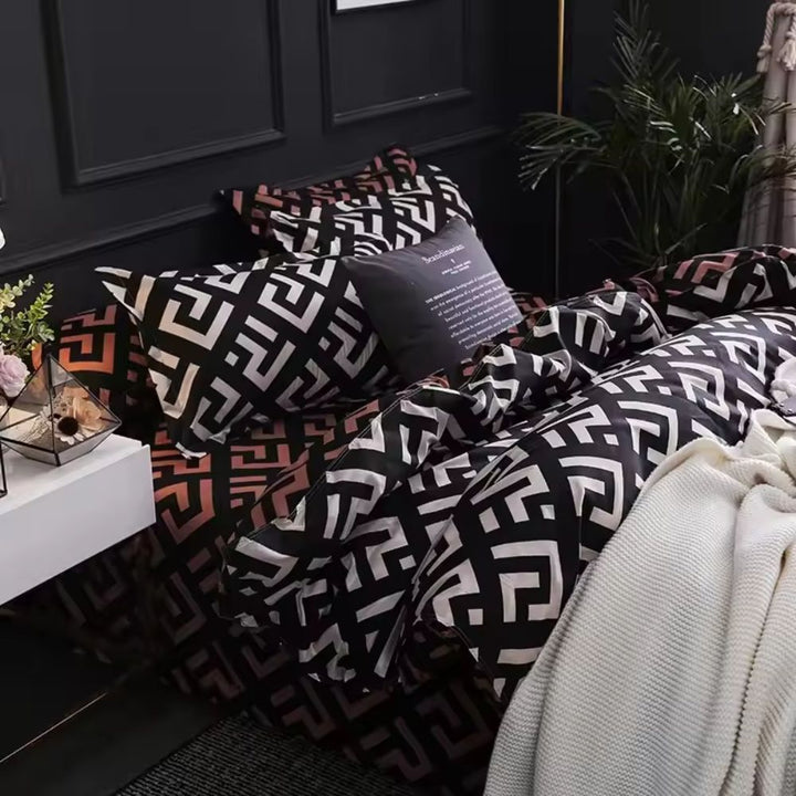 Black and White Maze Print Duvet Cover Set on bed side view