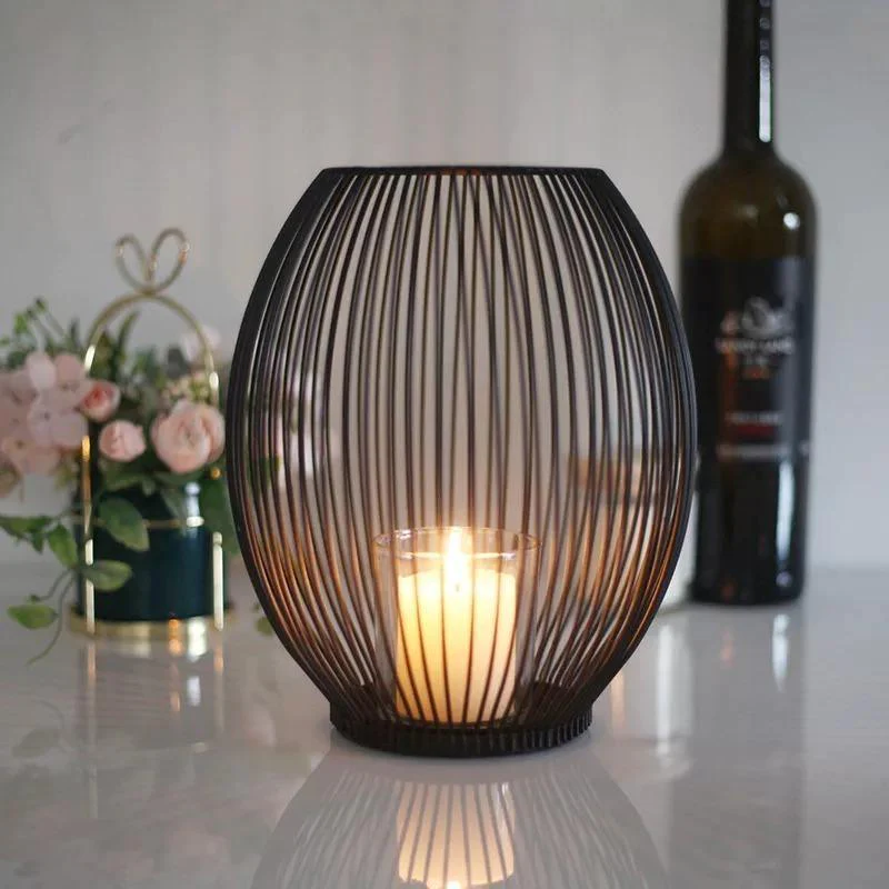 Black Iron Wire Lantern Candle Holder with pillar candle