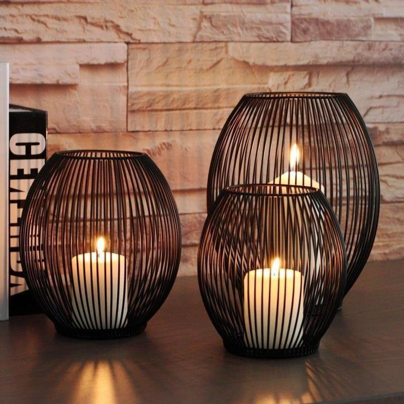 Black Iron Wire Lantern Candle Holders grouped lifestyle