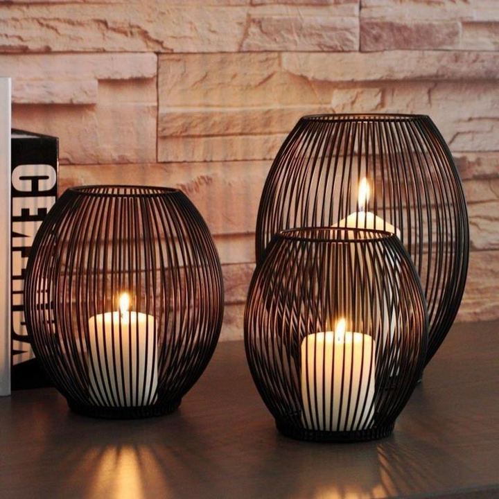Black Iron Wire Lantern Candle Holders grouped lifestyle