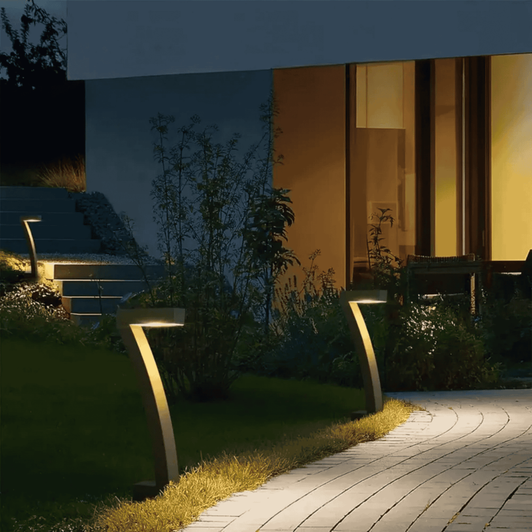 Black Solar Pathway Lights along garden path at night