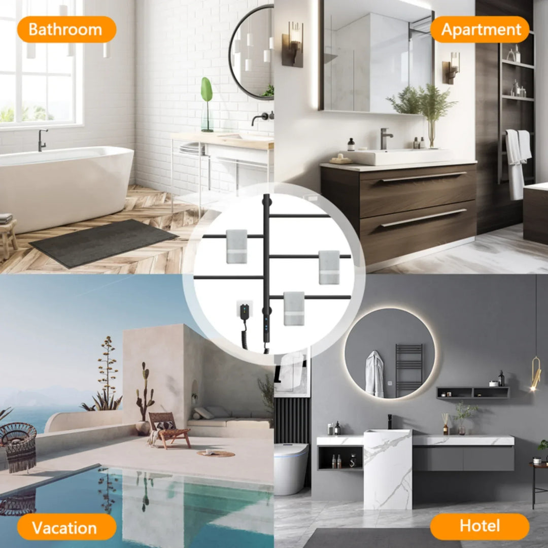 Black heated towel rack shown in a bathroom setting