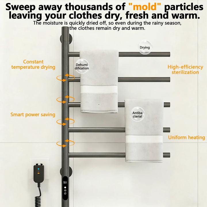Black heated towel rack drying function detail