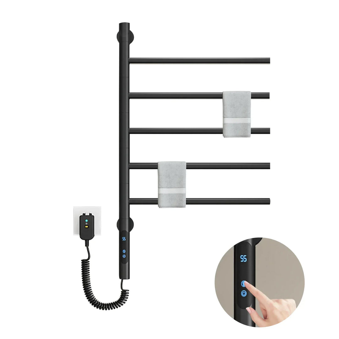 Black stainless steel heated towel rack front view with cord