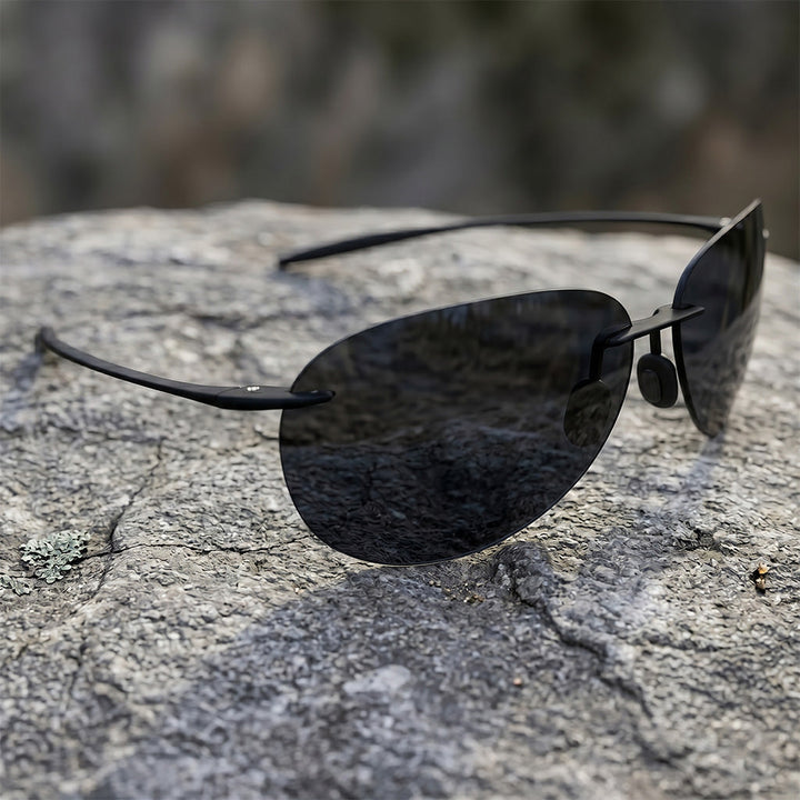 Black Vintage Rimless Aviator Sunglasses worn lifestyle