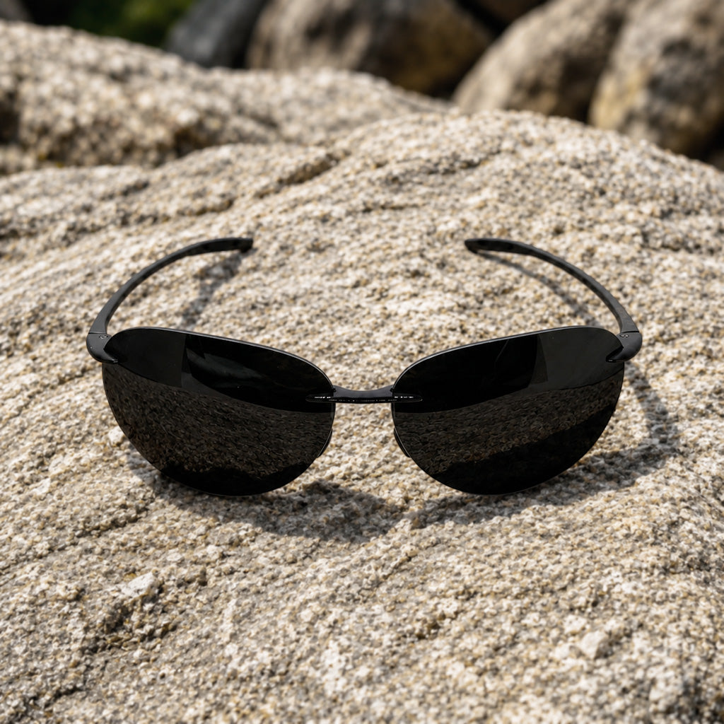 Black Vintage Rimless Aviator Sunglasses worn lifestyle close-up