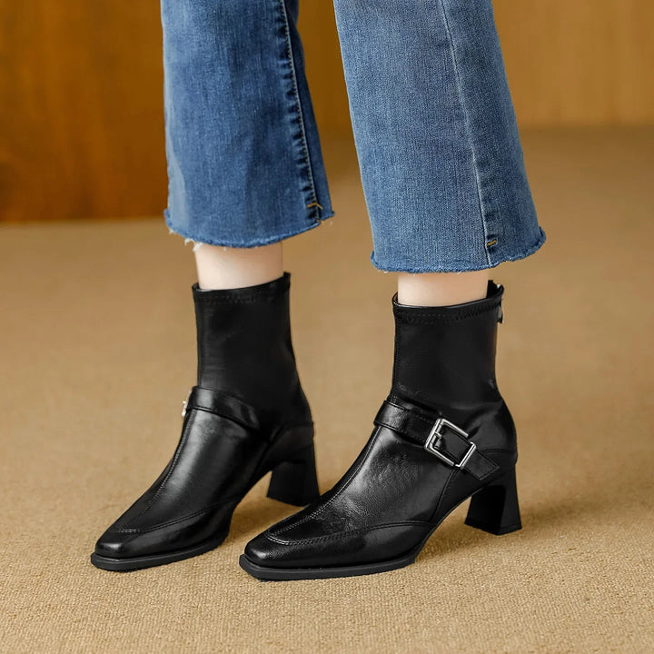Black Block-Heel Ankle Boots worn front view