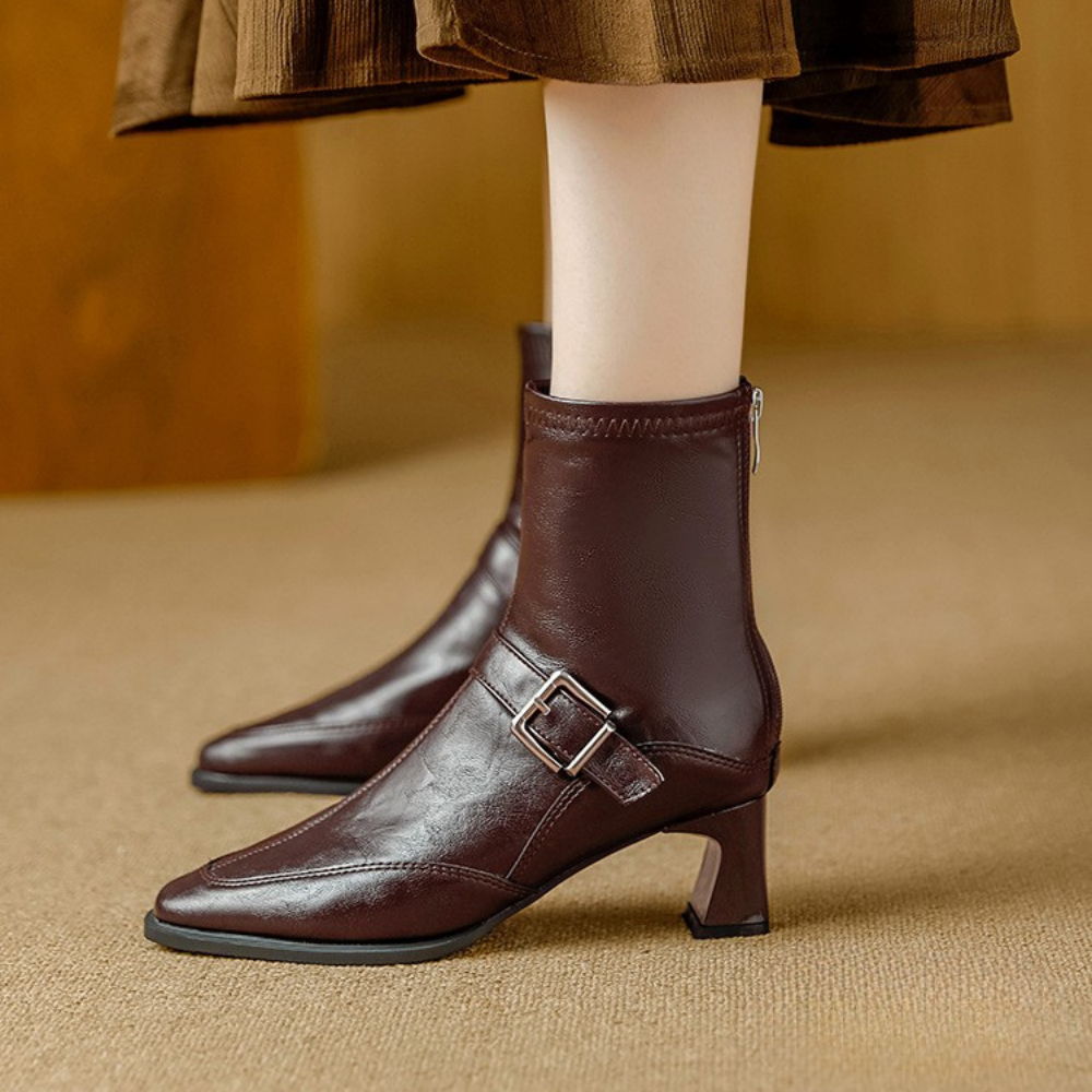 Brown Block-Heel Ankle Boots worn side view