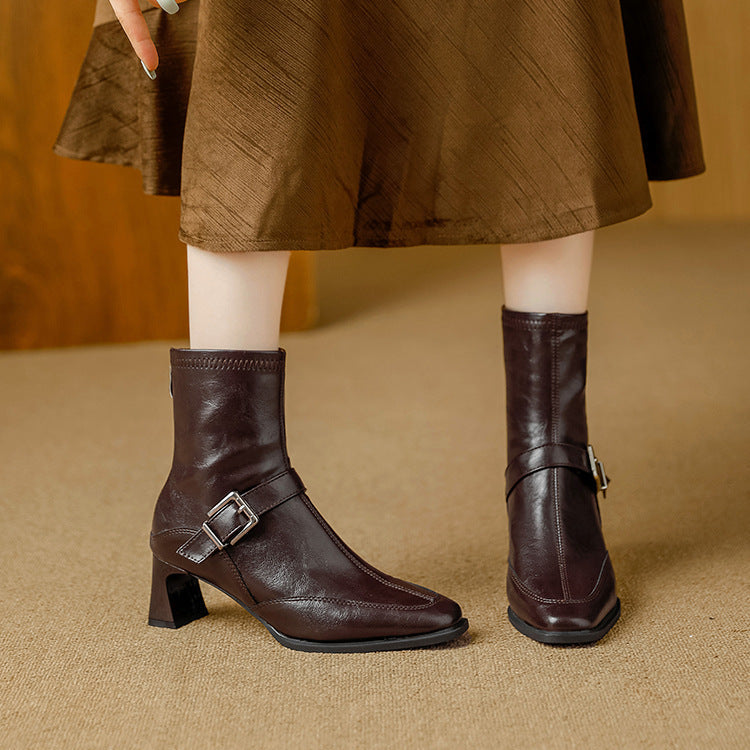 Brown Block-Heel Ankle Boots worn front view