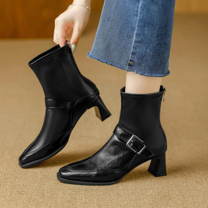 Black Block-Heel Ankle Boots worn side view