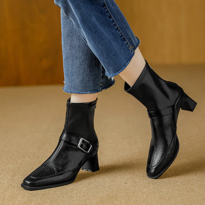 Black Block-Heel Ankle Boots worn angled view