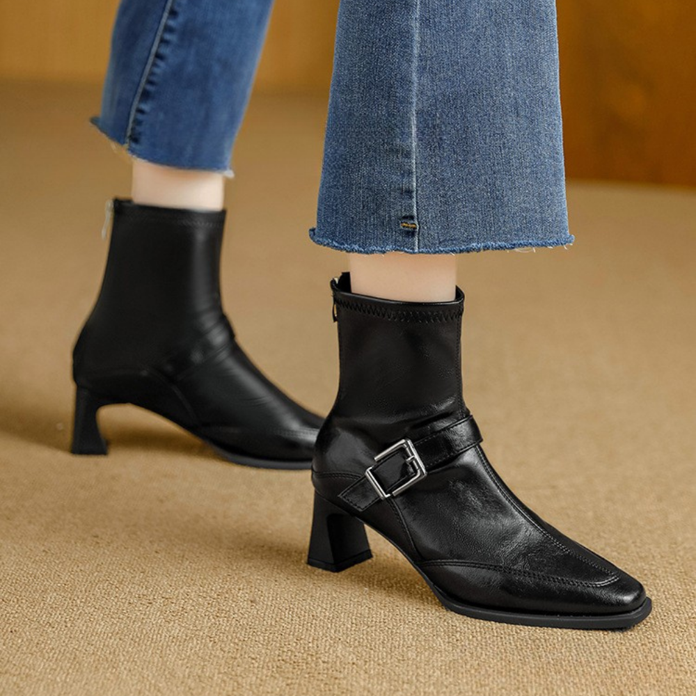 Black Block-Heel Ankle Boots worn front view