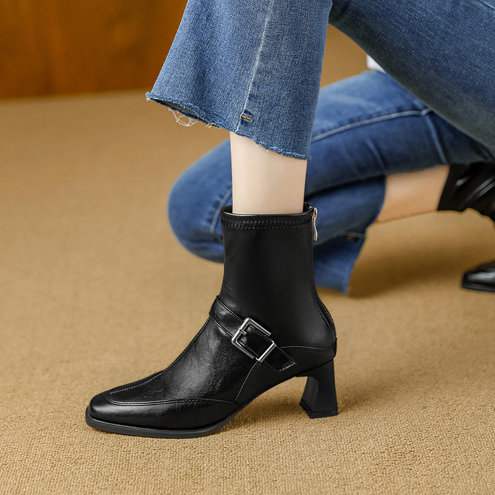 Black Block-Heel Ankle Boots worn side detail