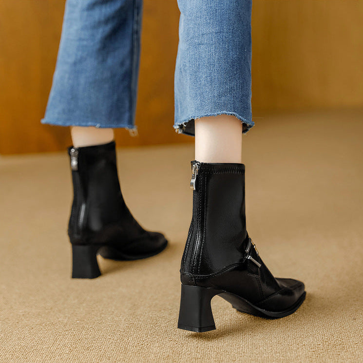 Black Block-Heel Ankle Boots worn back view