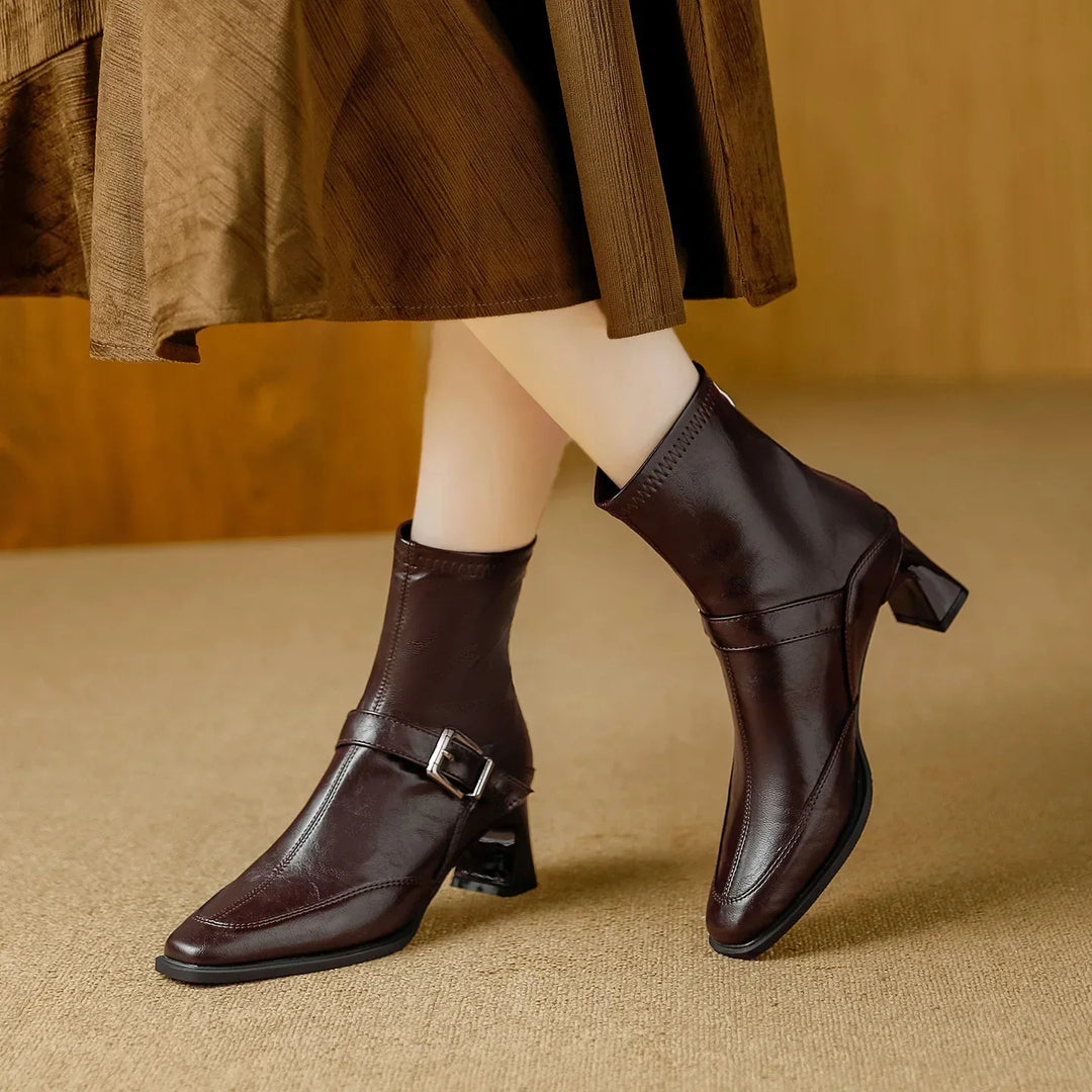 Brown Block-Heel Ankle Boots worn front view