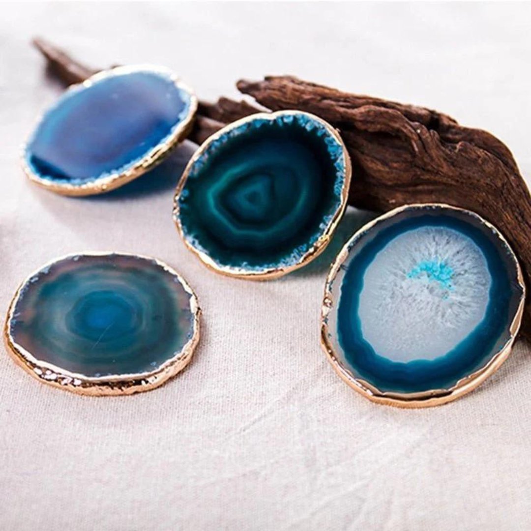 Blue Agate Stone Coasters with Gold Rim set of four