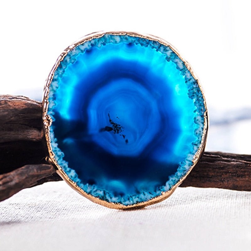 Blue Agate Stone Coaster with Gold Rim close-up