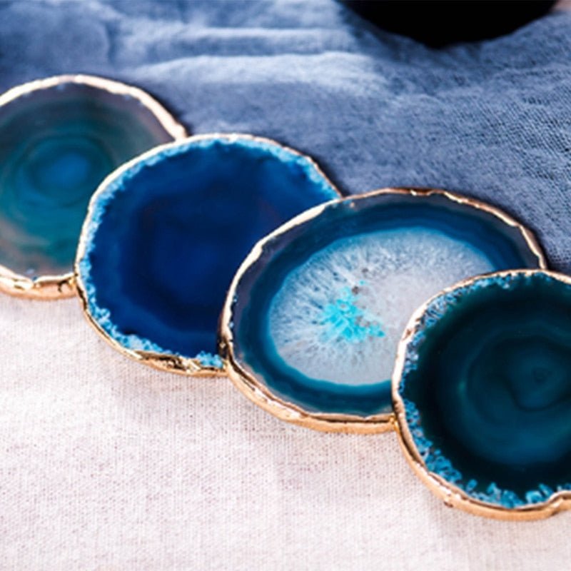 Blue Agate Stone Coasters with Gold Rim lifestyle view