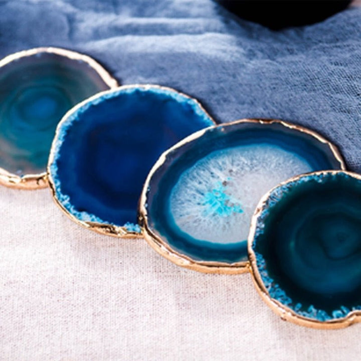 Blue Agate Stone Coasters with Gold Rim lifestyle view