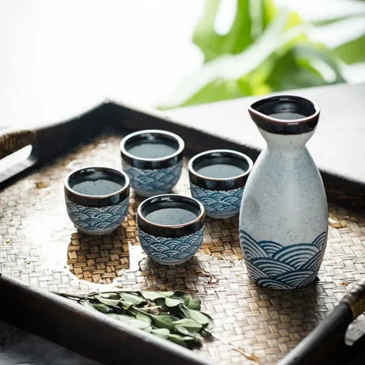 Blue Wave Ceramic Sake Set carafe and cups on tray