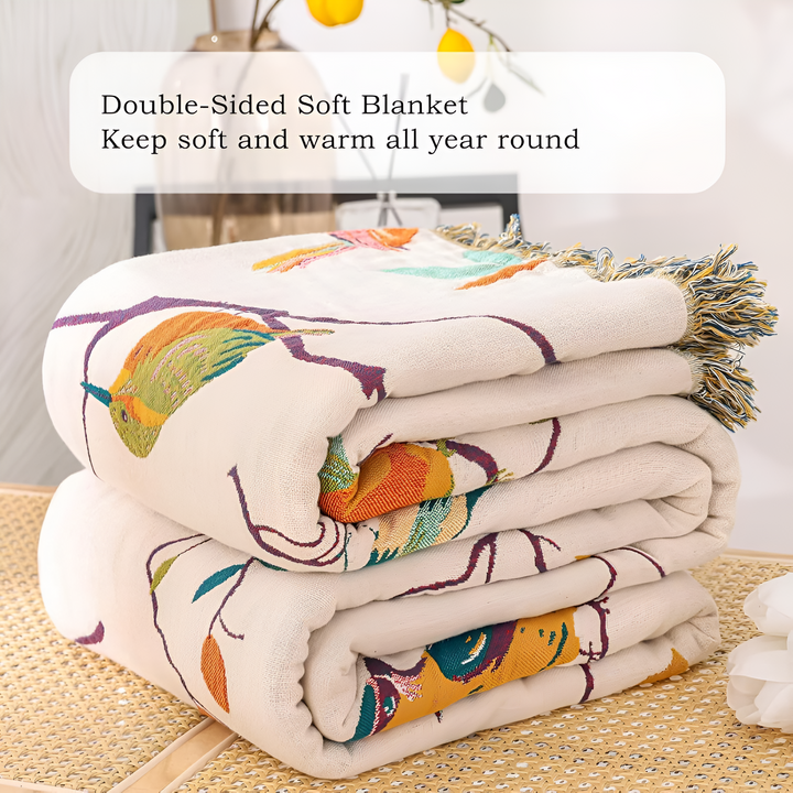 Boho Bird Print Cotton Throw showing the teal reverse face
