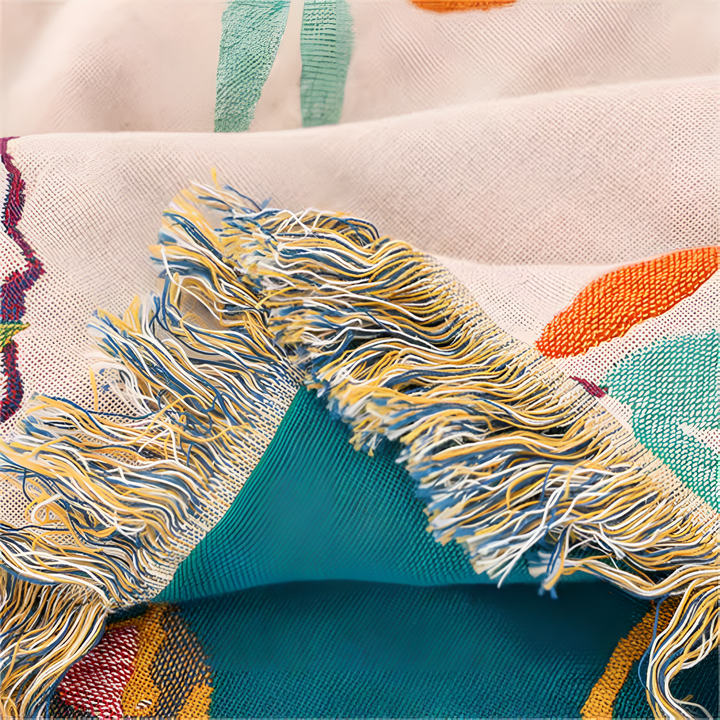 Boho Bird Print Cotton Throw fringed edge and teal reverse detail