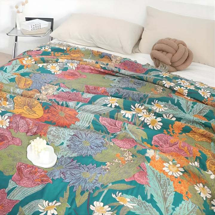 Boho Floral Tasseled Throw Blanket floral pattern close-up