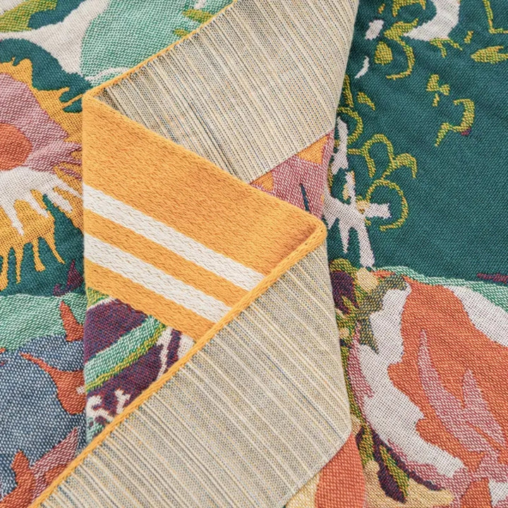 Bordered Floral Jacquard Cotton Throw striped border detail