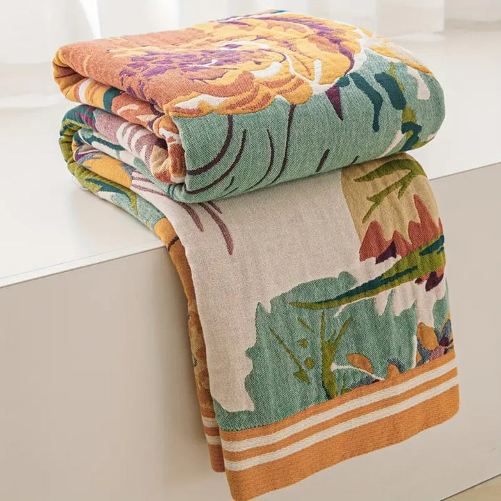 Bordered Floral Jacquard Cotton Throw folded