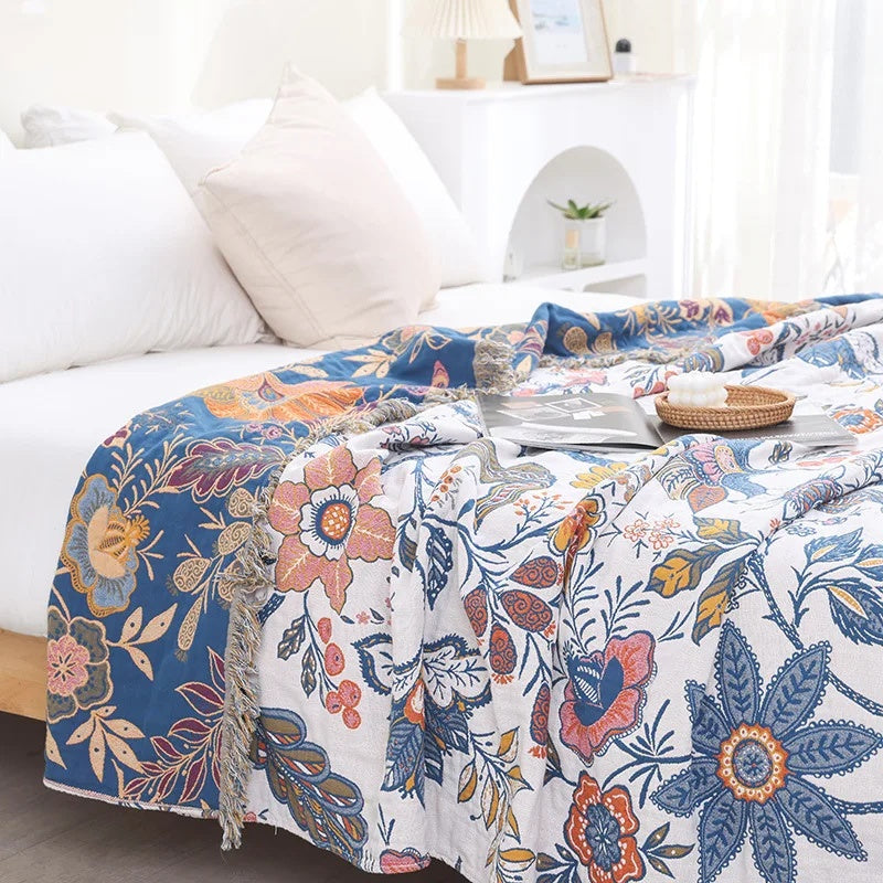 Blue botanical print cotton throw blanket, full view
