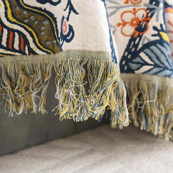 Blue botanical print cotton throw blanket, additional angle