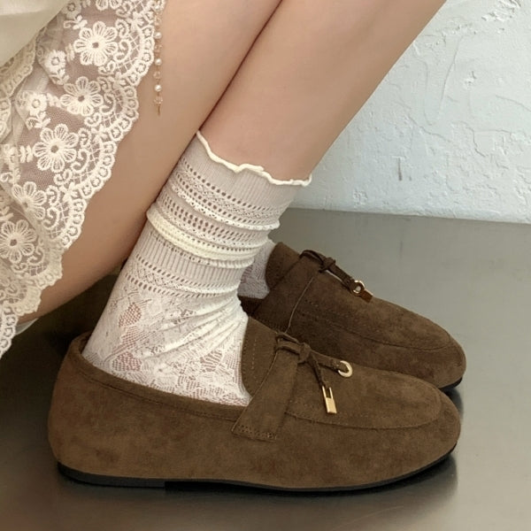 Coffee Bow-Front Slip-On Loafers on-foot side view