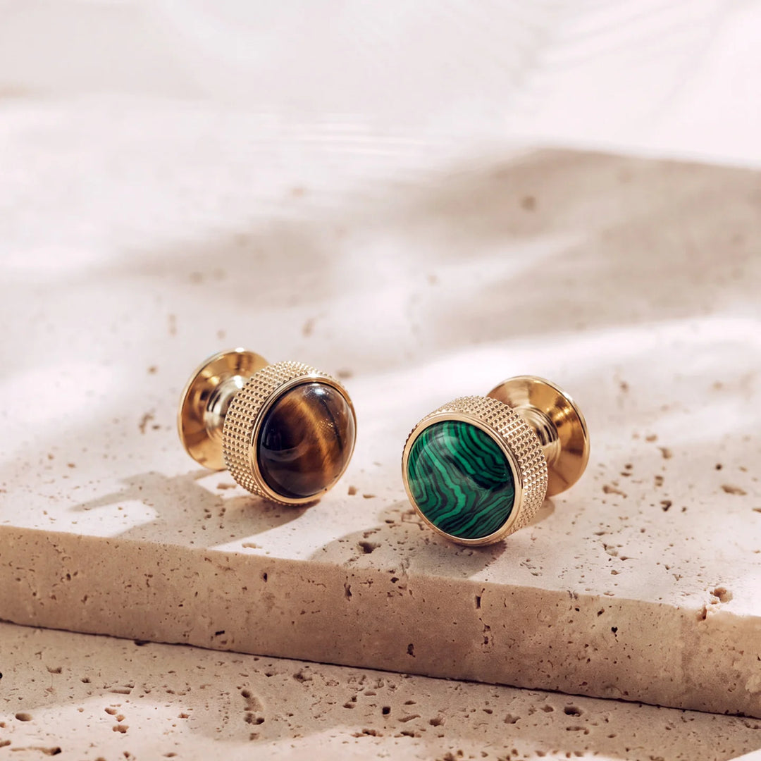 Brass Gemstone Cabinet Knobs tiger eye and malachite detail