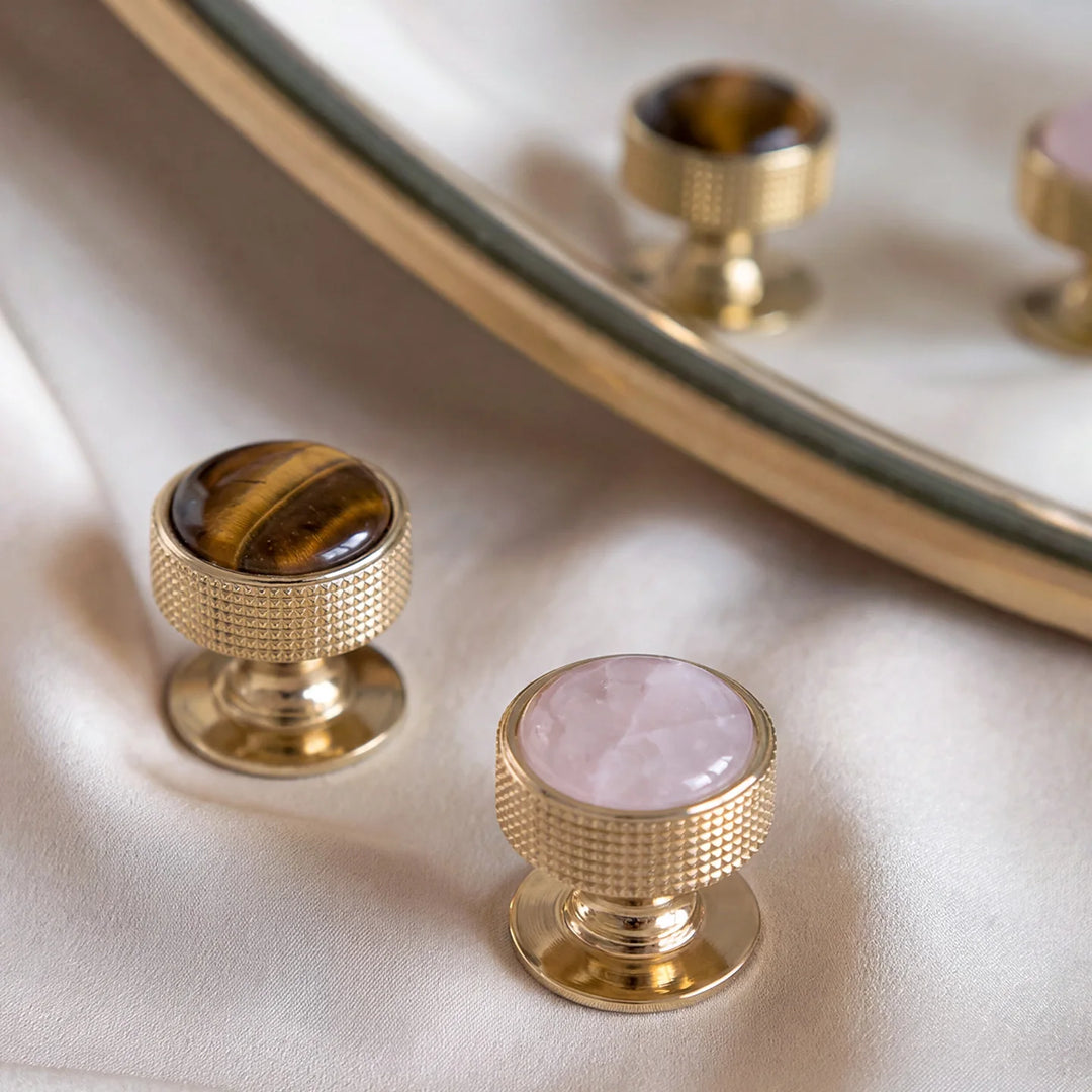 Tiger Eye and Pink Quartz Brass Cabinet Knobs detail