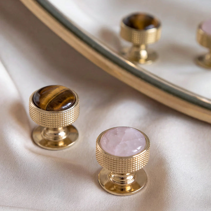 Tiger Eye and Pink Quartz Brass Cabinet Knobs detail