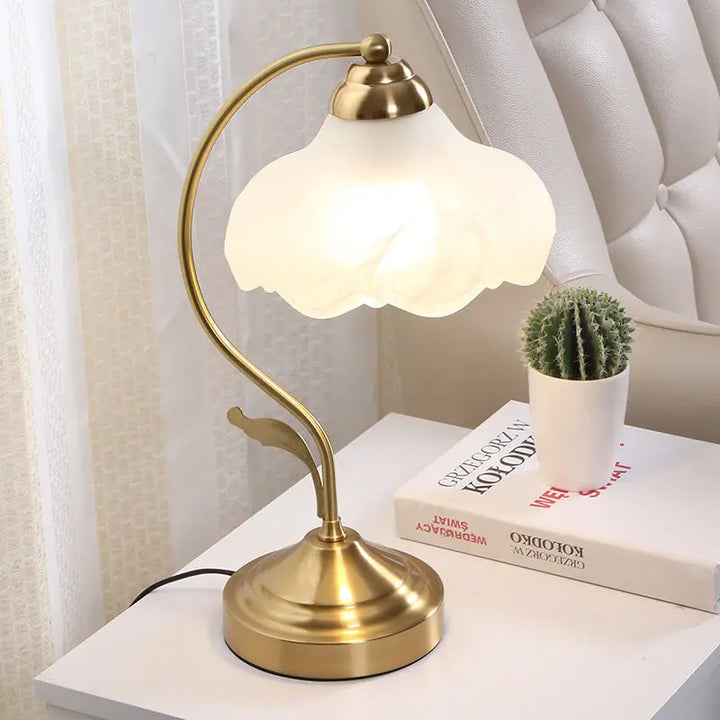 Brass Gooseneck Frosted Glass Table Lamp bedside view
