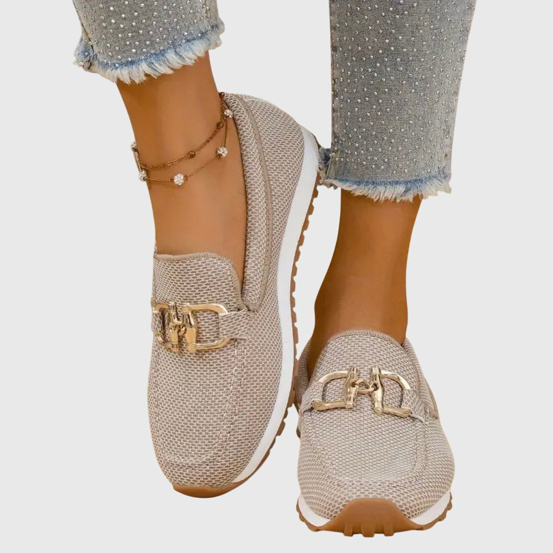 Beige Breathable Mesh Loafers worn front view
