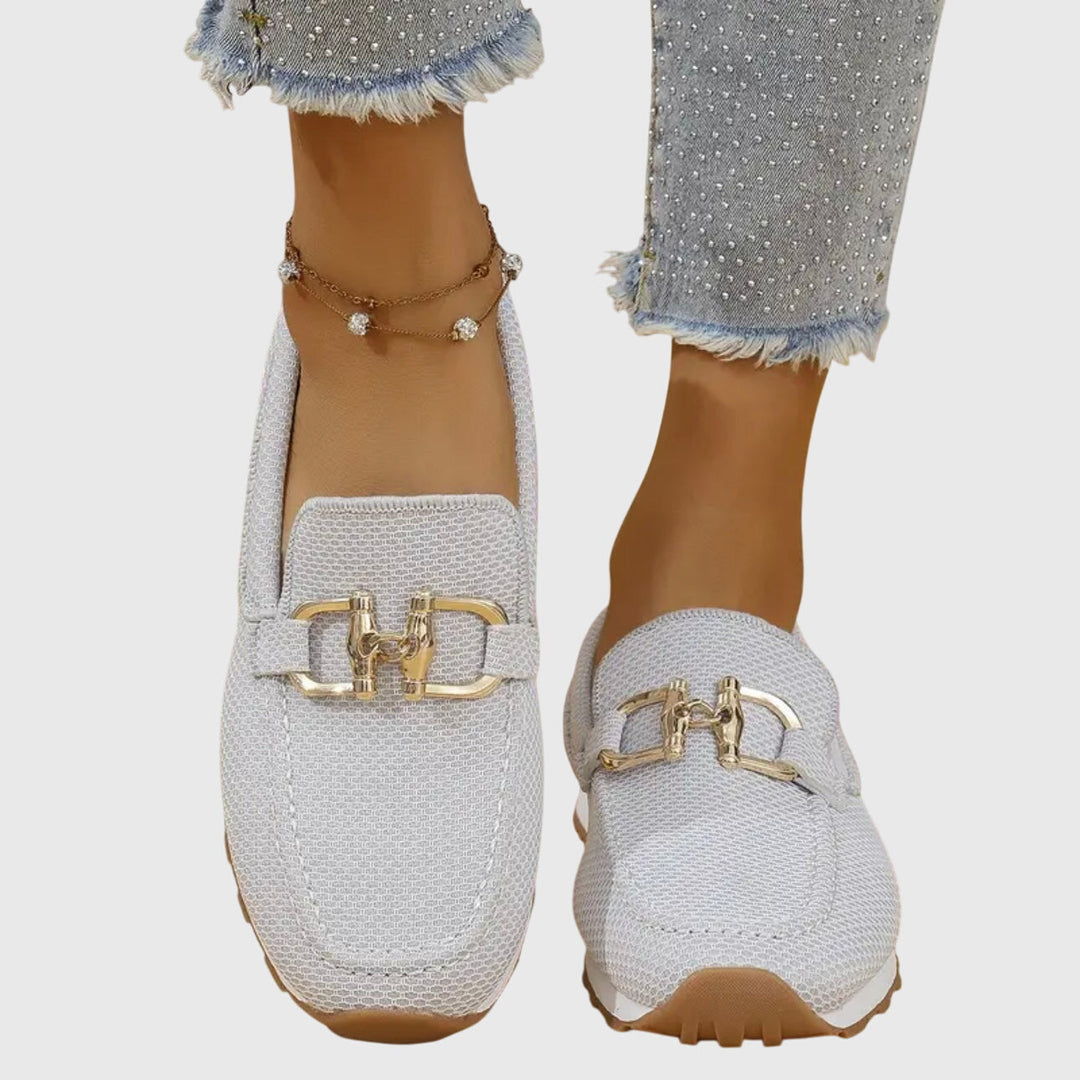 White/Gray Breathable Mesh Loafers worn front view