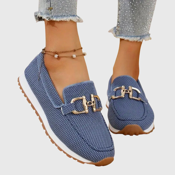 Blue Breathable Mesh Loafers worn side view