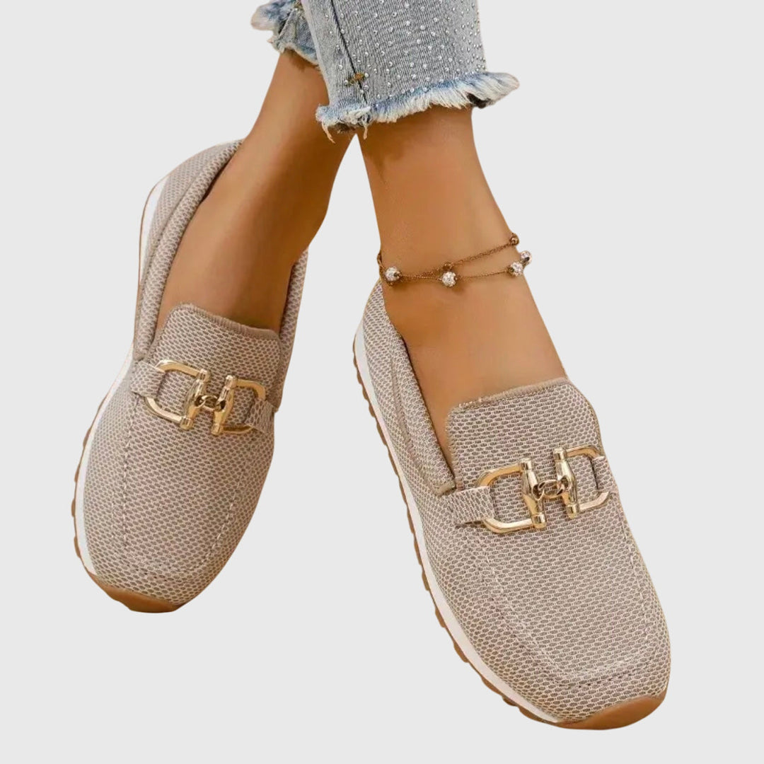 Beige Breathable Mesh Loafers worn top view