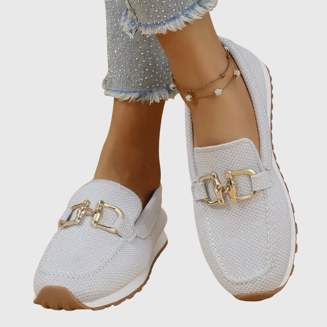 White/Gray Breathable Mesh Loafers worn top view