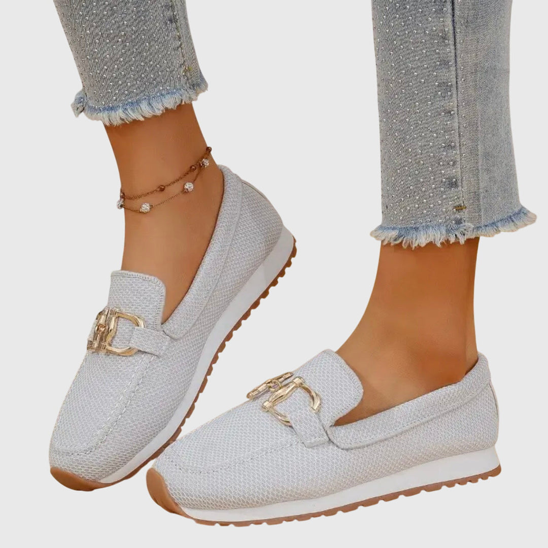 White/Gray Breathable Mesh Loafers worn side view