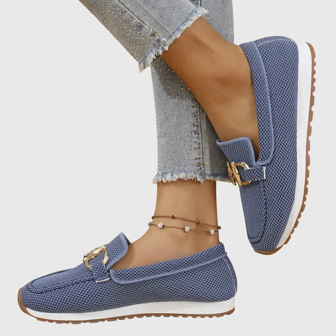 Blue Breathable Mesh Loafers worn side profile