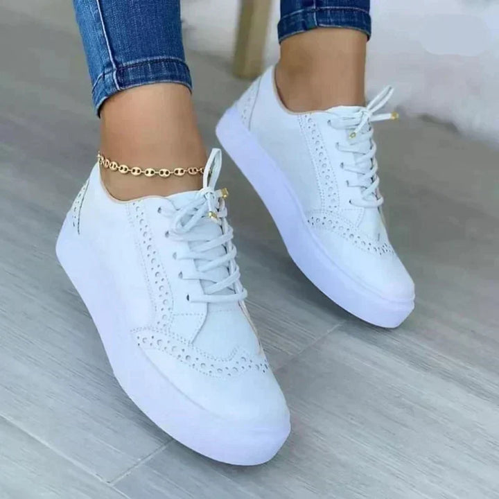 White Brogue Platform Sneakers worn front view
