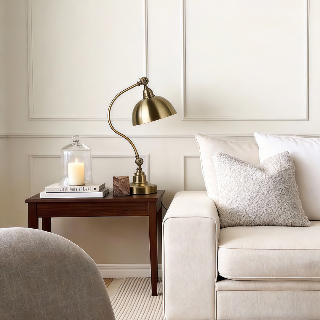 Bronze Gooseneck Task Light on a console table in a living room