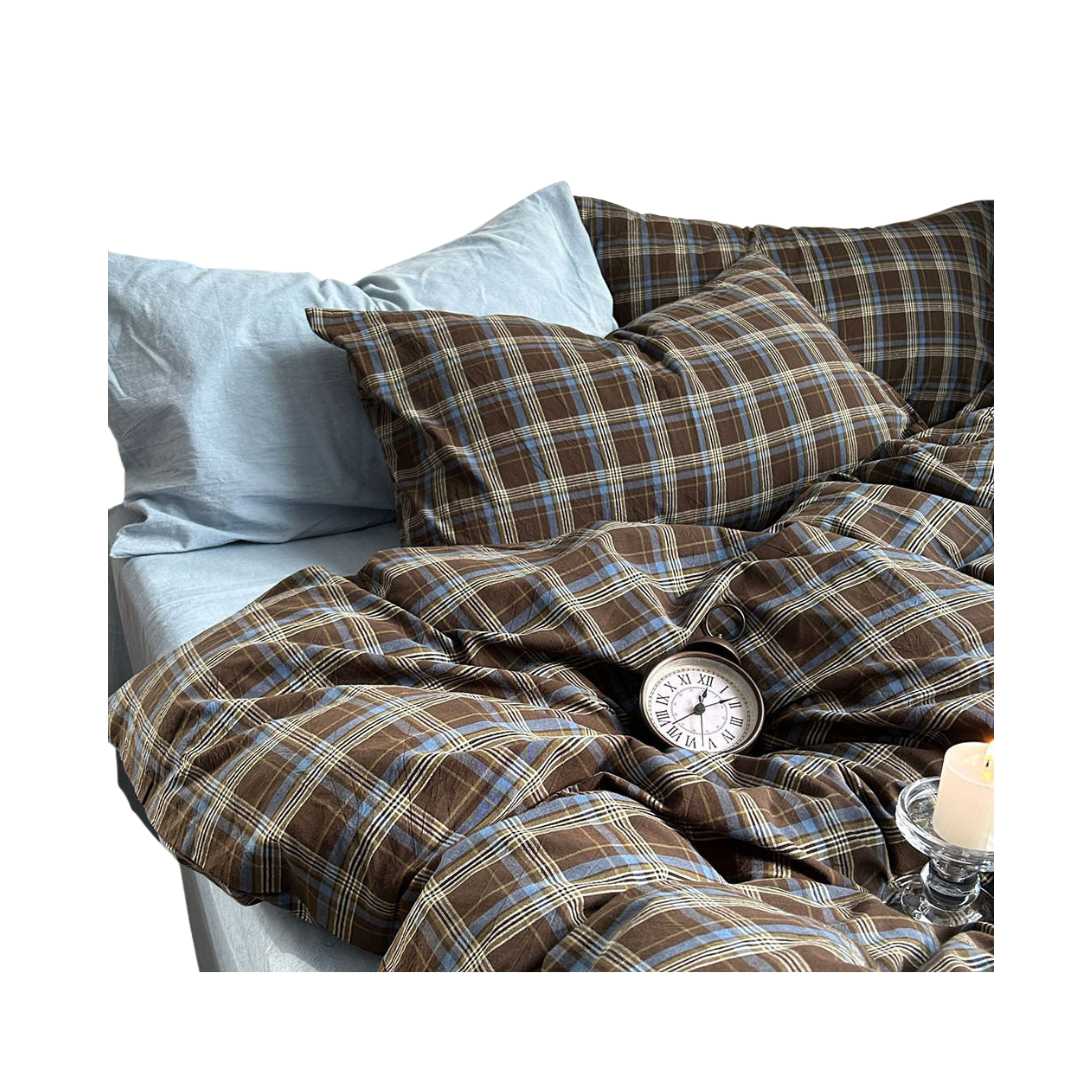 Brown plaid cotton duvet cover set main product view