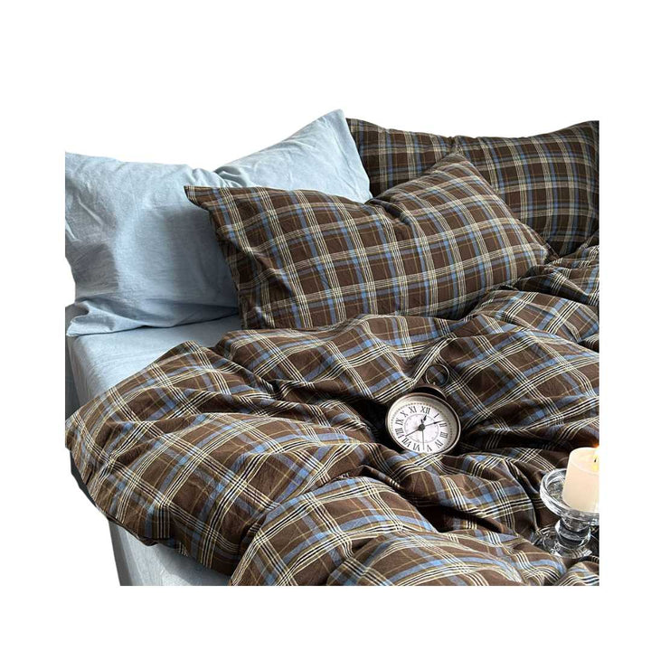 Brown plaid cotton duvet cover set main product view