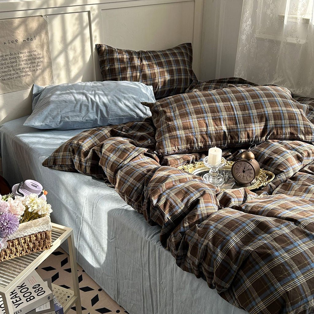 Brown plaid cotton duvet cover set product view 2