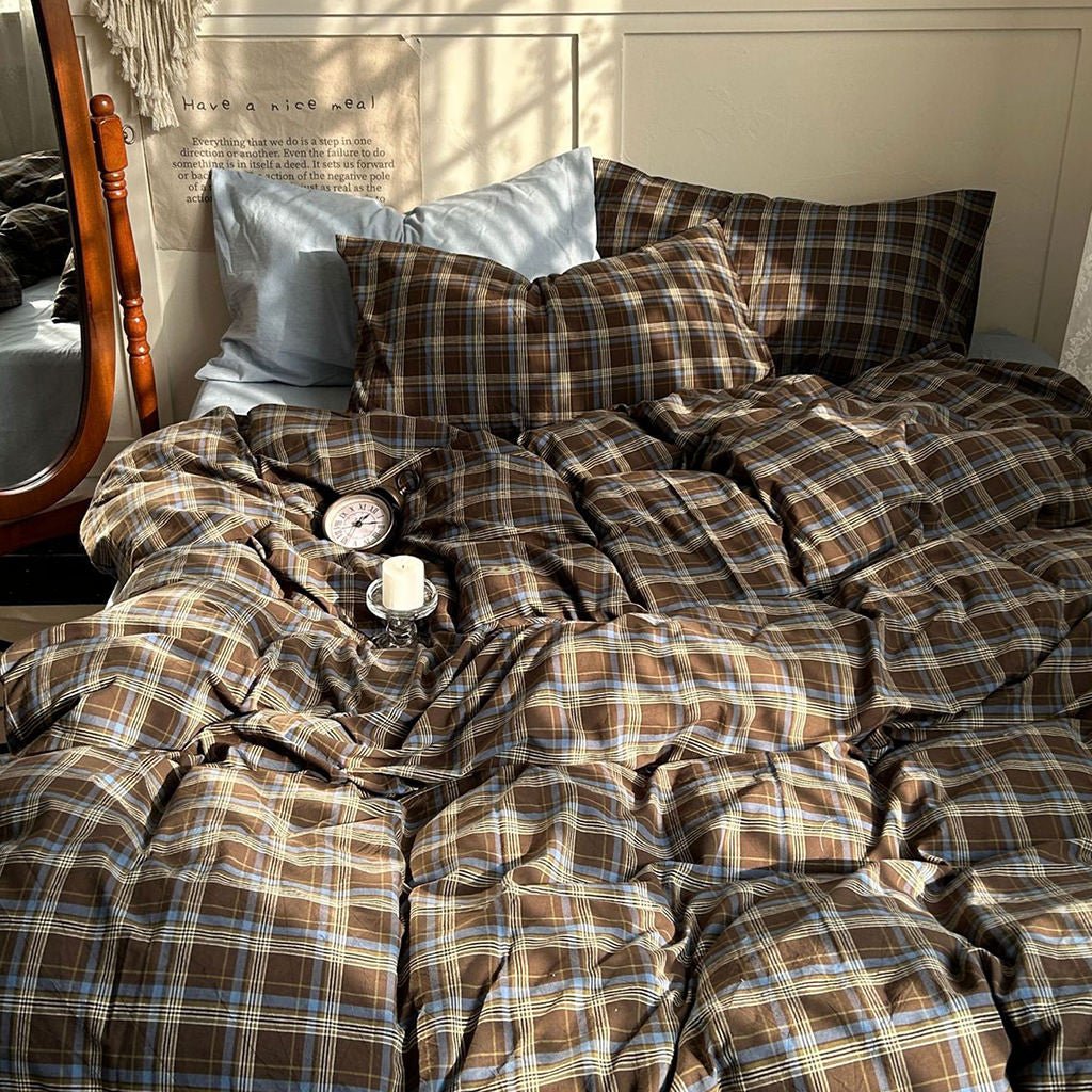 Brown plaid cotton duvet cover set product view 3